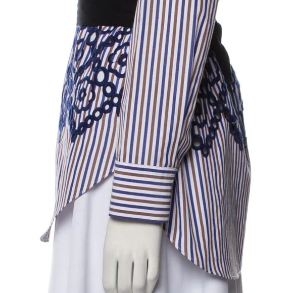 Sandro Blue Striped Lace V Neck Button Closure Long Sleeve Designer Blouse Small - Picture 9 of 11